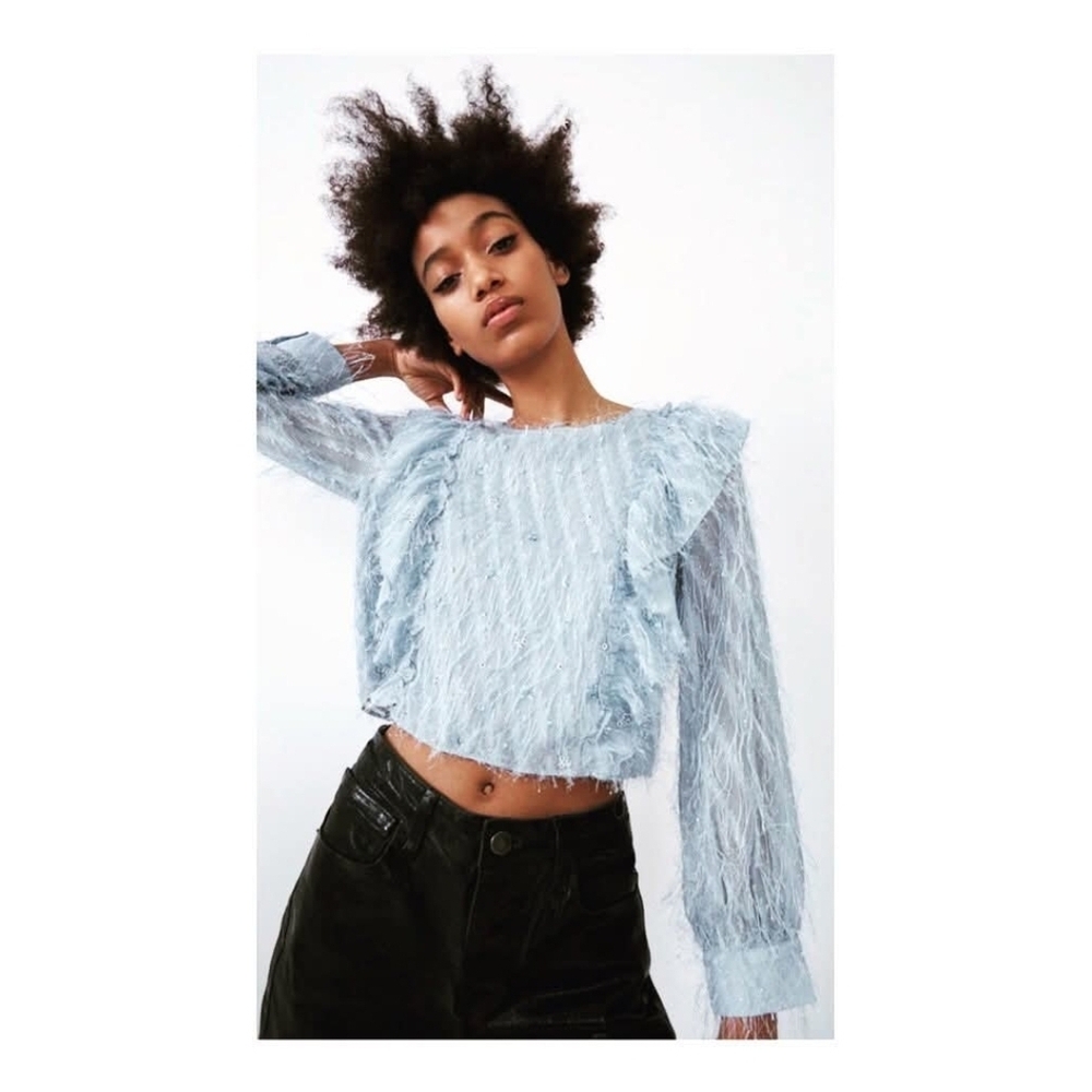 Zara Pale Blue Fringe Feather Ruffle Blouse With Sequins Top size Size Large